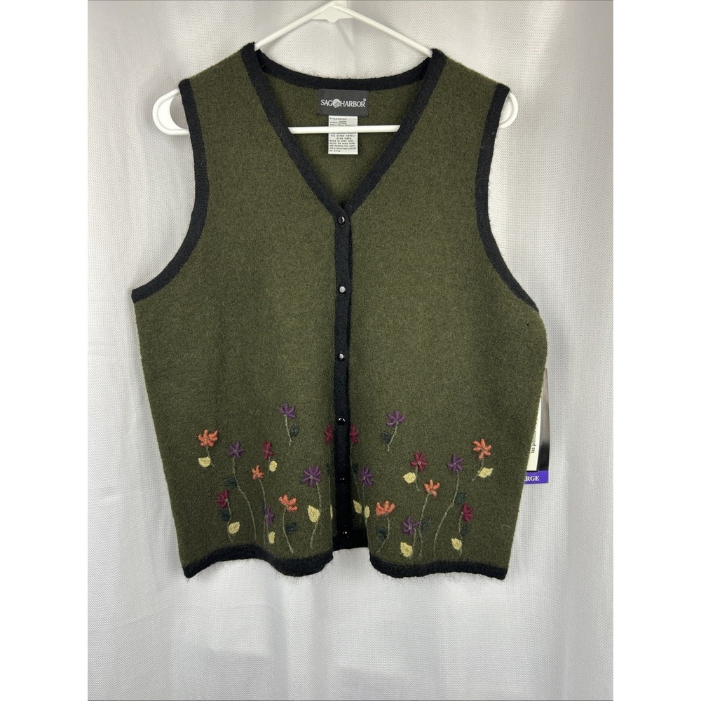 Sag Harbor Green Wool Blend Vest Embroidered Boho Cottagecore Artsy New Vtg L